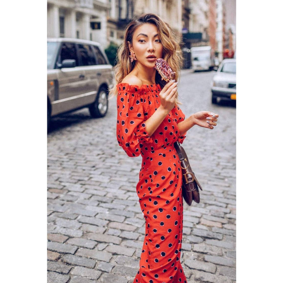 SALONI Dresses & Skirts - Saloni Midi Dress SILK Red White Black Polka Dot Grace Off Shoulder Ruffle XS 0